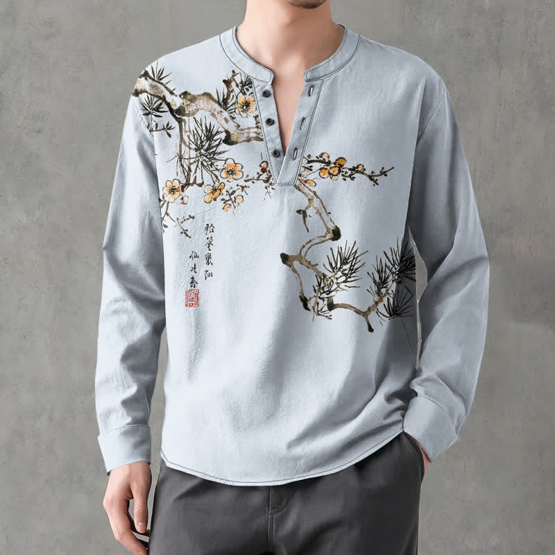 Buddha Stones Cotton Ink Pine Yellow Flowers Pattern V-Neck Buttons Men's Long Sleeve Shirts - image 15