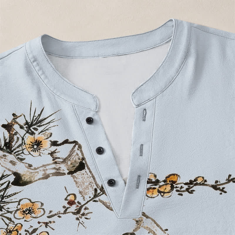 Buddha Stones Cotton Ink Pine Yellow Flowers Pattern V-Neck Buttons Men's Long Sleeve Shirts - image 18