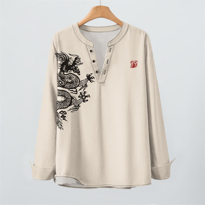 Buddha Stones Cotton Dragon Seal Pattern V-Neck Buttons Men's Long Sleeve Shirts - image 2