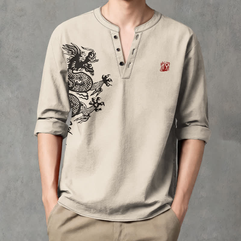 Buddha Stones Cotton Dragon Seal Pattern V-Neck Buttons Men's Long Sleeve Shirts - Beige - US/UK/AU48，EU58 (4XL) - image 0