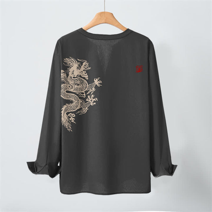Buddha Stones Cotton Dragon Seal Pattern V-Neck Buttons Men's Long Sleeve Shirts - image 17