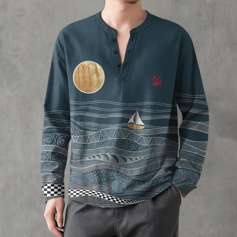 Buddha Stones Cotton Ocean Wave Sailboat Moon Pattern V-Neck Buttons Men's Long Sleeve Shirts - CadetBlue - US/UK/AU48，EU58 (4XL) - image 0