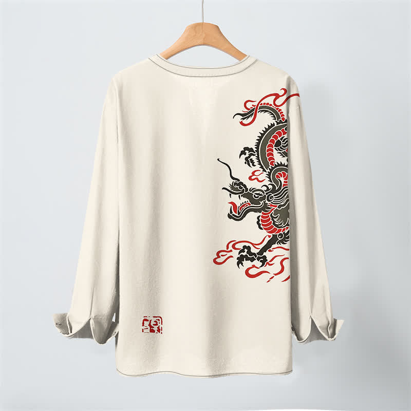 Buddha Stones Cotton Eastern Dragon Flame Pattern V-Neck Buttons Men's Long Sleeve Shirts - image 3