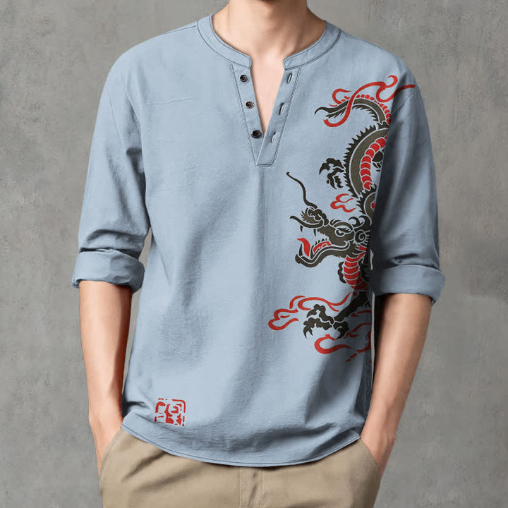 Buddha Stones Cotton Eastern Dragon Flame Pattern V-Neck Buttons Men's Long Sleeve Shirts - LightBlue - US/UK/AU48，EU58 (4XL) - image 7
