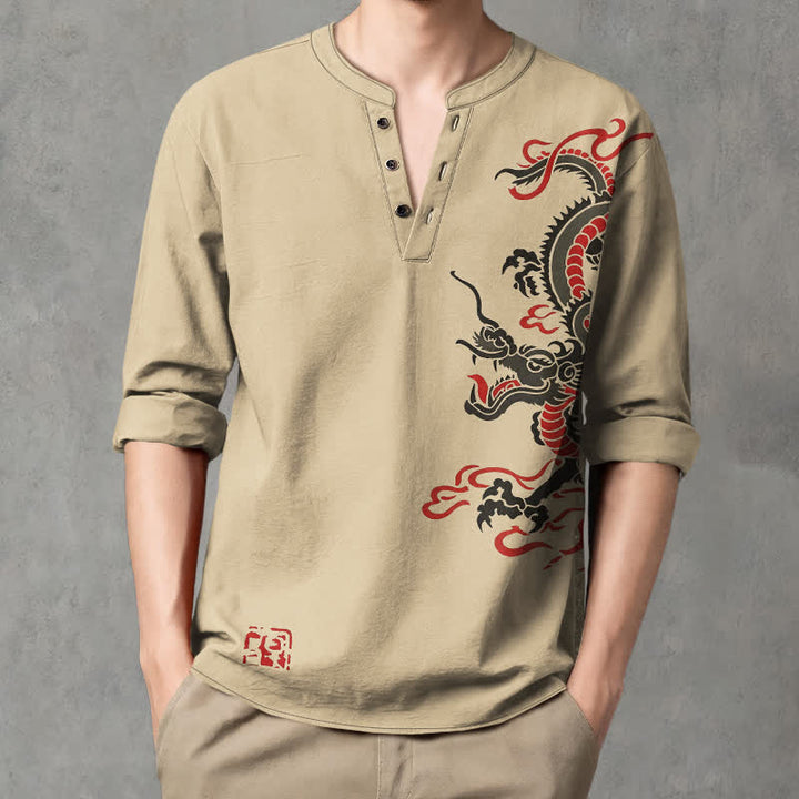 Buddha Stones Cotton Eastern Dragon Flame Pattern V-Neck Buttons Men's Long Sleeve Shirts - Tan - US/UK/AU48，EU58 (4XL) - image 14