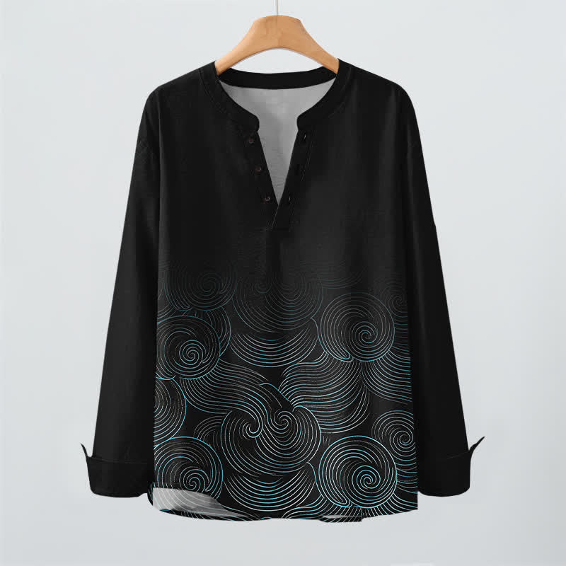 Buddha Stones Cotton Ocean Wave Spiral Pattern V-Neck Buttons Men's Long Sleeve Shirts - image 16