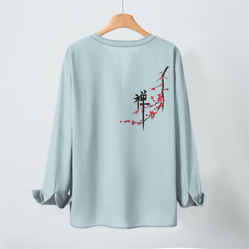 Buddha Stones Cotton Zen Plum Blossom Pattern V-Neck Buttons Men's Long Sleeve Shirts - image 10