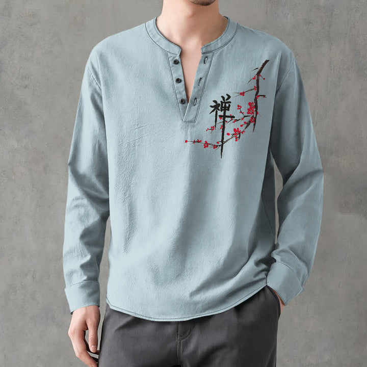 Buddha Stones Cotton Zen Plum Blossom Pattern V-Neck Buttons Men's Long Sleeve Shirts - PowderBlue - US/UK/AU48，EU58 (4XL) - image 7