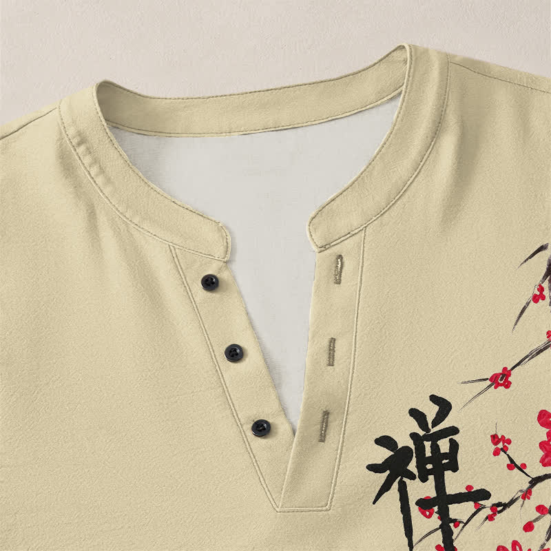 Buddha Stones Cotton Zen Plum Blossom Pattern V-Neck Buttons Men's Long Sleeve Shirts - image 18