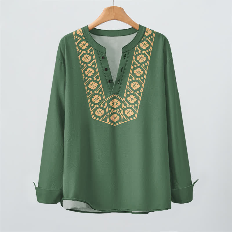 Buddha Stones Cotton Ethnic Flower Grid Pattern V-Neck Buttons Men's Long Sleeve Shirts - image 9