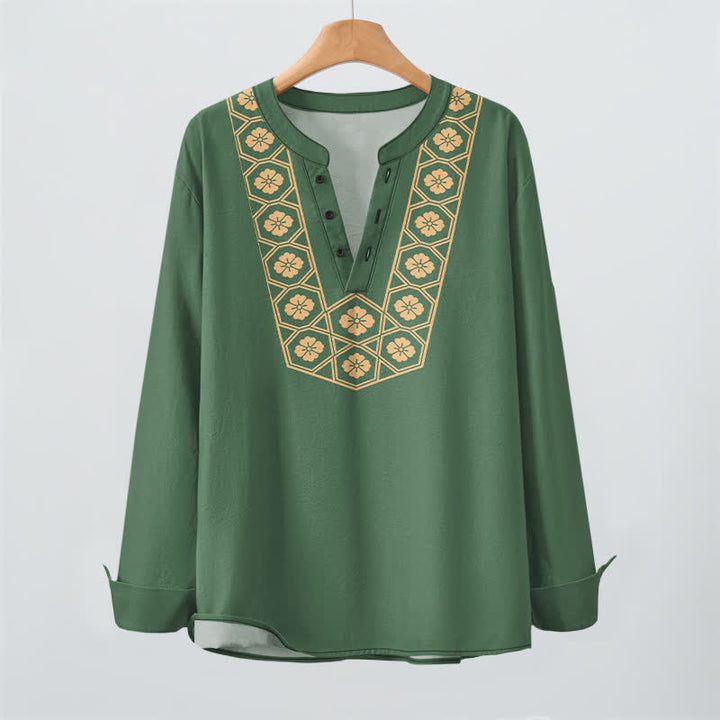 Buddha Stones Cotton Ethnic Flower Grid Pattern V-Neck Buttons Men's Long Sleeve Shirts - image 9