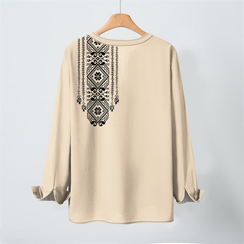 Buddha Stones Cotton Bohemian Square Geometric Pattern V-Neck Buttons Men's Long Sleeve Shirts - image 3