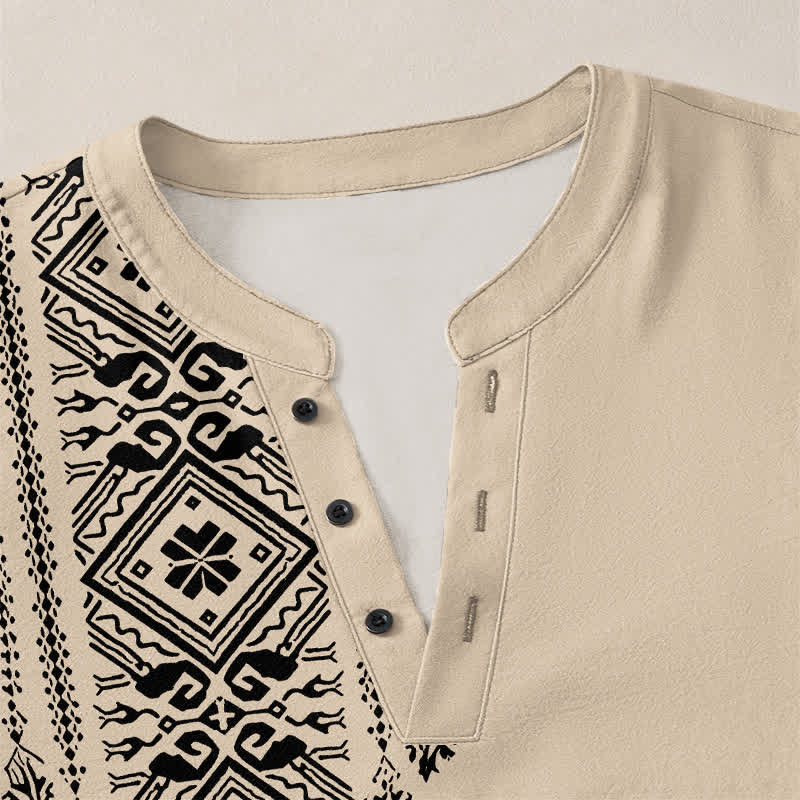 Buddha Stones Cotton Bohemian Square Geometric Pattern V-Neck Buttons Men's Long Sleeve Shirts - image 4