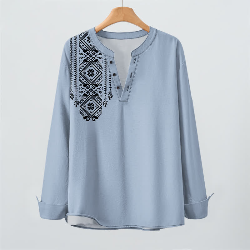 Buddha Stones Cotton Bohemian Square Geometric Pattern V-Neck Buttons Men's Long Sleeve Shirts - image 9