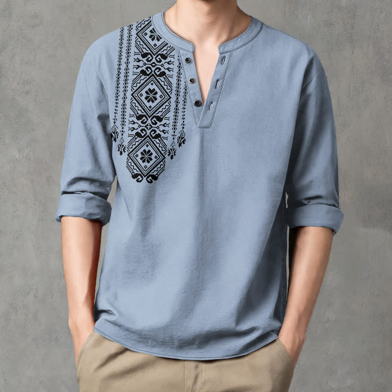 Buddha Stones Cotton Bohemian Square Geometric Pattern V-Neck Buttons Men's Long Sleeve Shirts - LightSteelBlue - US/UK/AU48，EU58 (4XL) - image 7