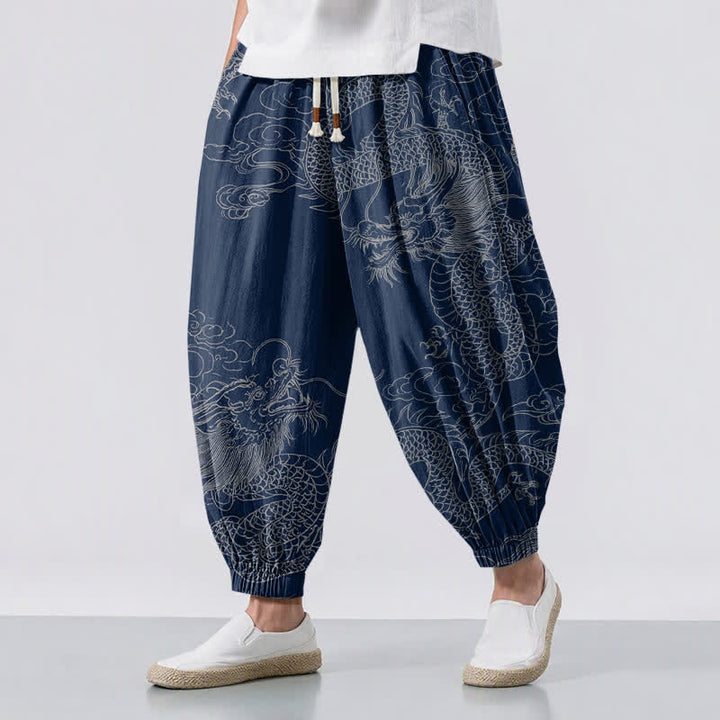 Buddha Stones Pure Cotton Dragon Auspicious Clouds Pattern Drawstring Men's Harem Pants With Pockets - Navy - US/UK/AU50，EU60 (5XL) - image 0