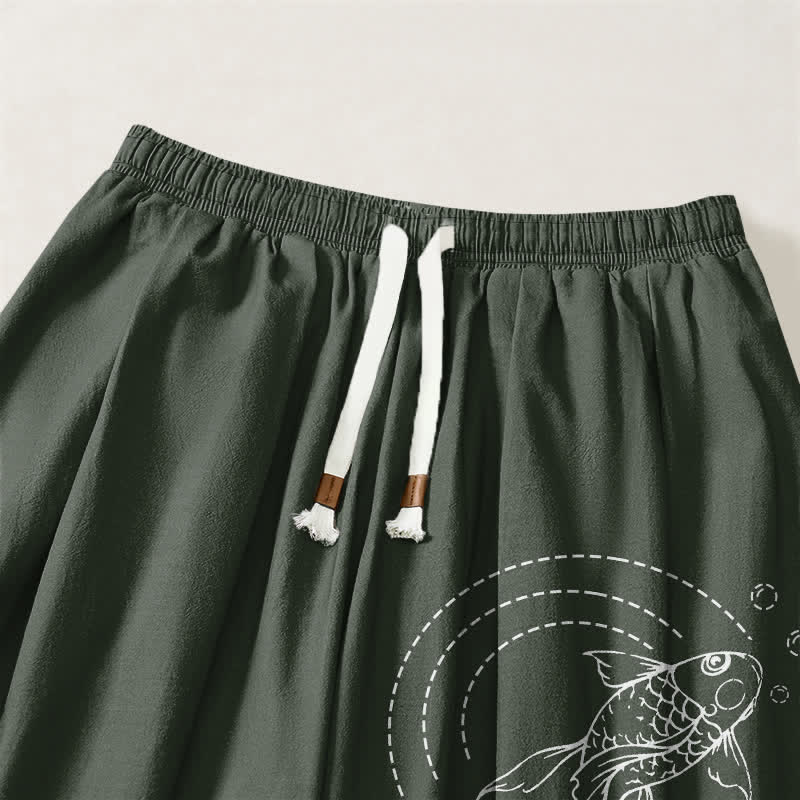 Buddha Stones Pure Cotton Koi Fish Pattern Drawstring Men's Harem Pants With Pockets - image 9