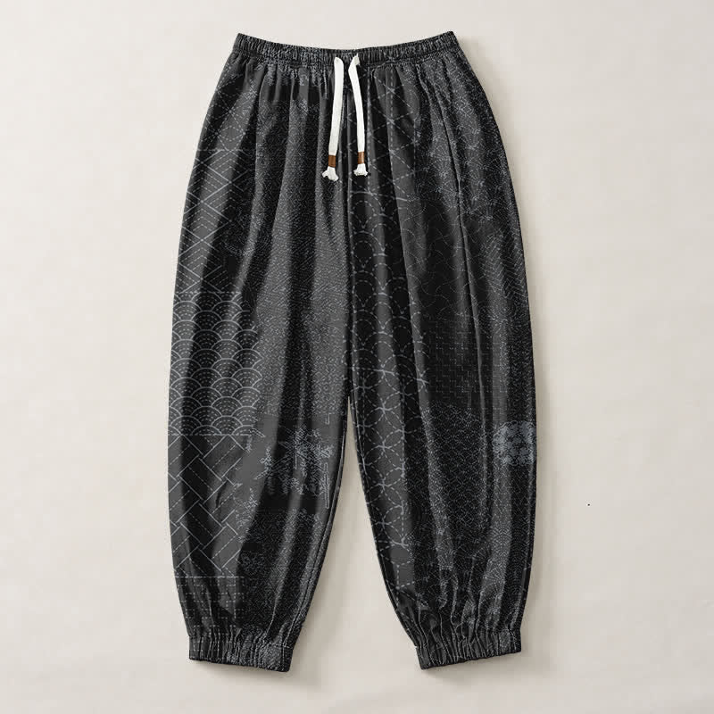 Buddha Stones Pure Cotton Geometric Wave Pattern Drawstring Men's Harem Pants With Pockets - image 13