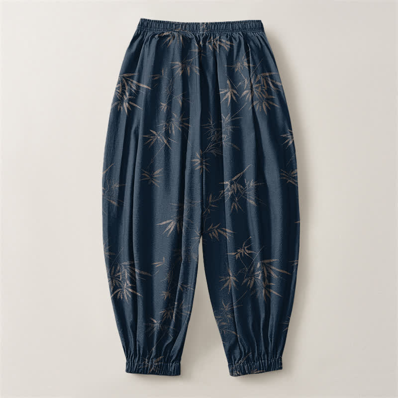 Buddha Stones Pure Cotton Bamboo Leaf Pattern Drawstring Men's Harem Pants With Pockets - image 8