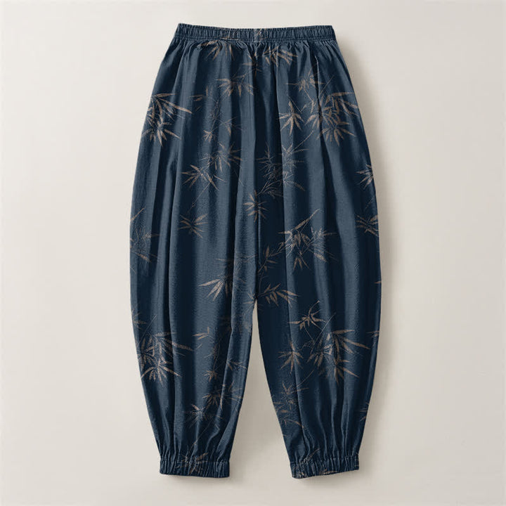 Buddha Stones Pure Cotton Bamboo Leaf Pattern Drawstring Men's Harem Pants With Pockets - image 8