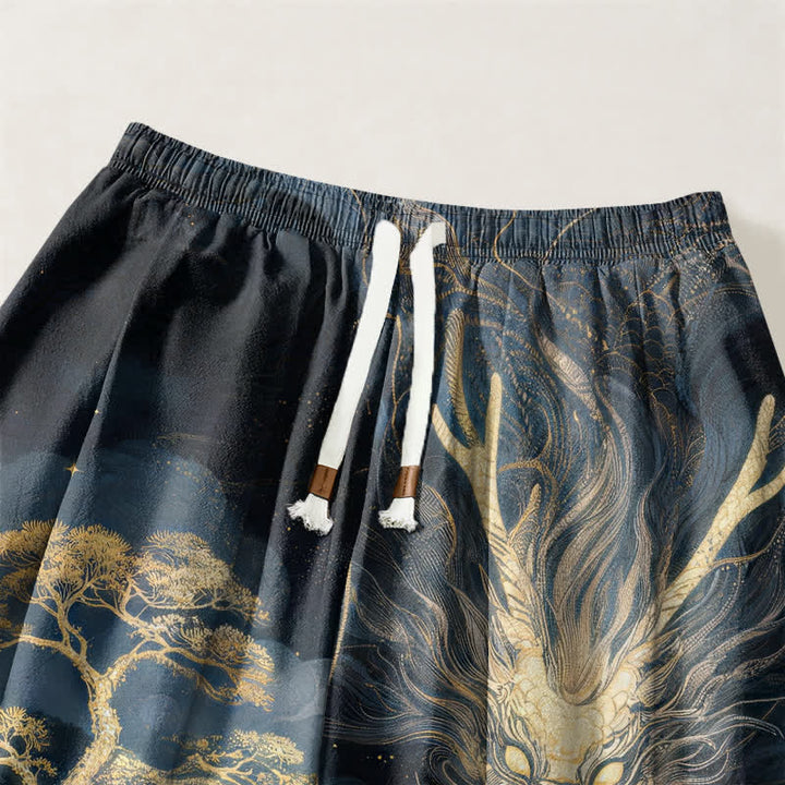 Buddha Stones Pure Cotton Golden Dragon Landscape Pattern Drawstring Men's Harem Pants With Pockets - image 3