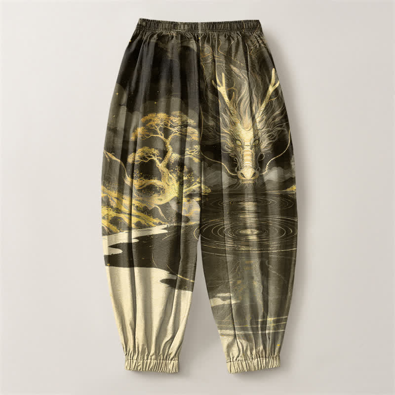 Buddha Stones Pure Cotton Golden Dragon Landscape Pattern Drawstring Men's Harem Pants With Pockets - image 14
