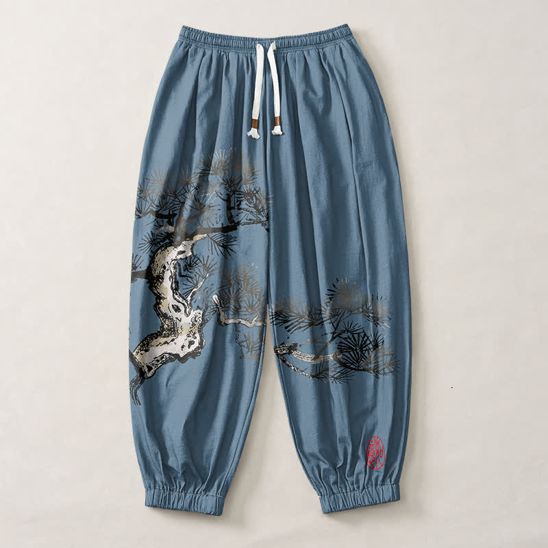Buddha Stones Pure Cotton Ink Pine Tree Pattern Drawstring Men's Harem Pants With Pockets - image 7
