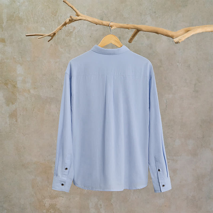 Buddha Stones Spring Fall Casual Button-Up Solid Cotton Men's Long Sleeve Shirts With Patch Pocket - image 22