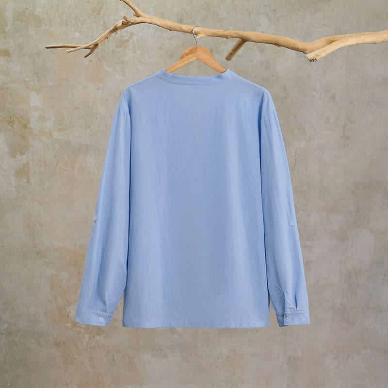 Buddha Stones Spring Fall Casual Tang Style Drawstring Solid Cotton Linen Men's Long Sleeve Shirts - image 16