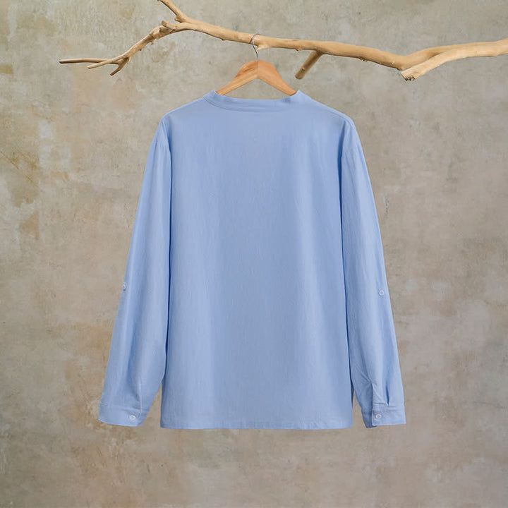 Buddha Stones Spring Fall Casual Tang Style Drawstring Solid Cotton Linen Men's Long Sleeve Shirts - image 16