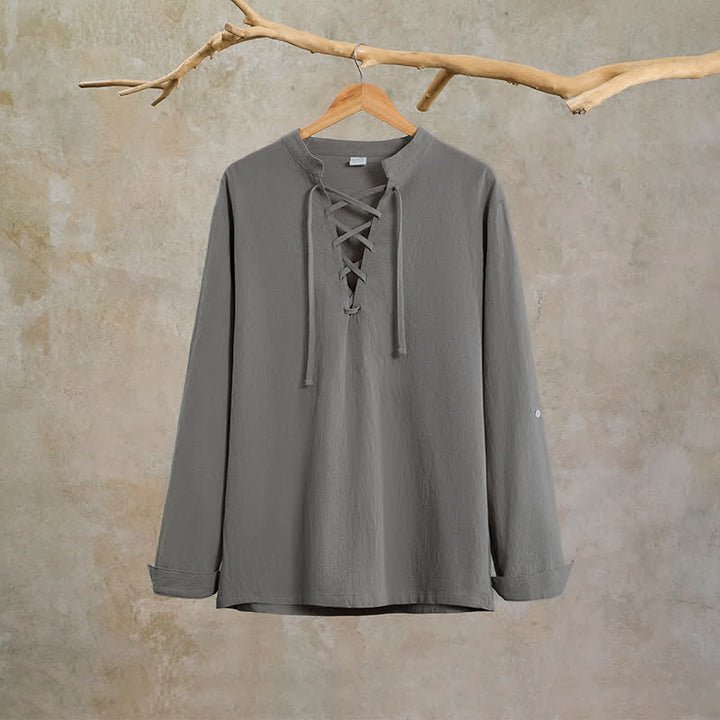 Buddha Stones Spring Fall Casual Tang Style Drawstring Solid Cotton Linen Men's Long Sleeve Shirts - image 7