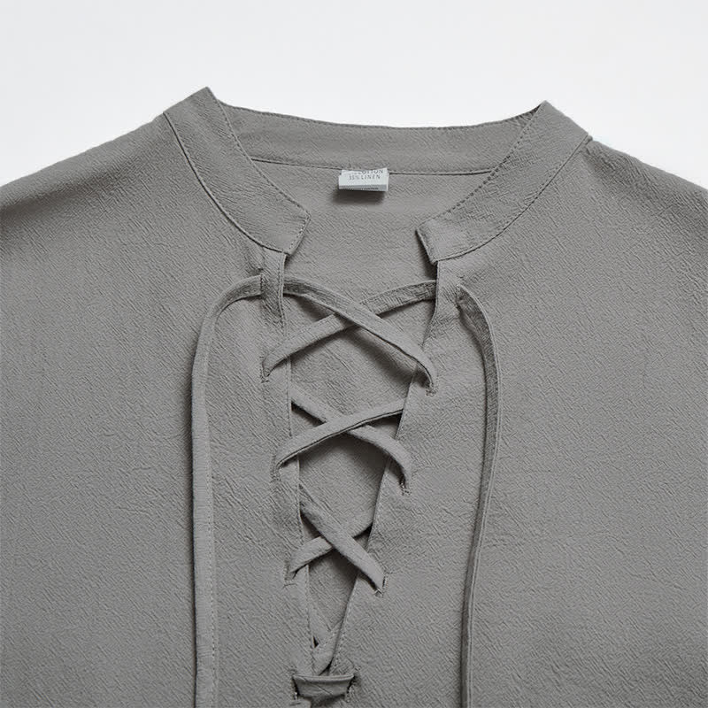 Buddha Stones Spring Fall Casual Tang Style Drawstring Solid Cotton Linen Men's Long Sleeve Shirts - image 9