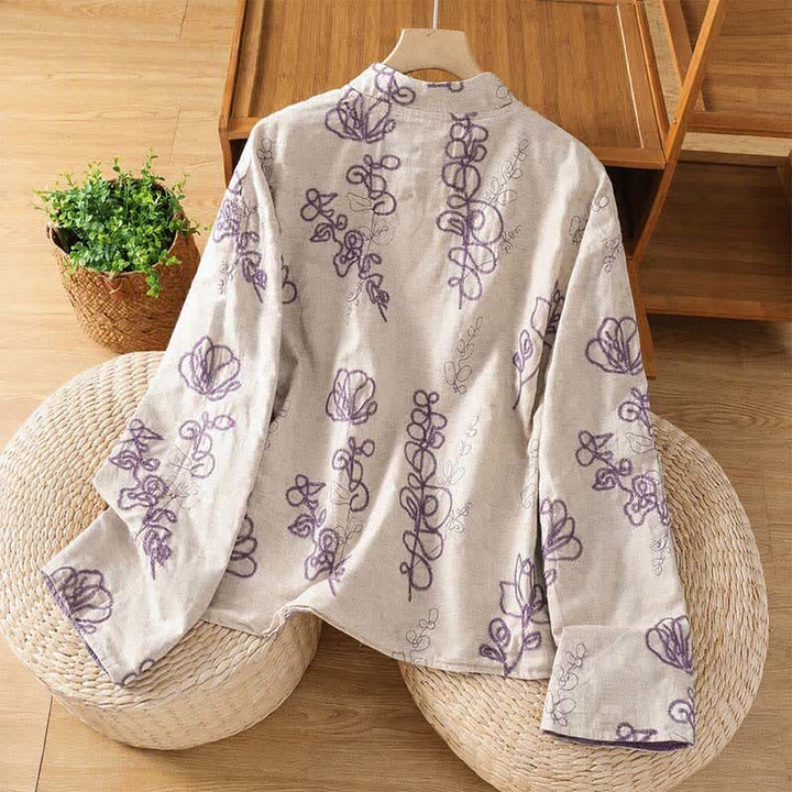 Buddha Stones Fall Vintage Tang Style Reversible Design Embroidery Frog Button Floral Women's Long Sleeve Shirts With Pockets - image 2