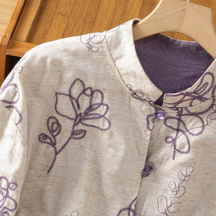 Buddha Stones Fall Vintage Tang Style Reversible Design Embroidery Frog Button Floral Women's Long Sleeve Shirts With Pockets - image 7