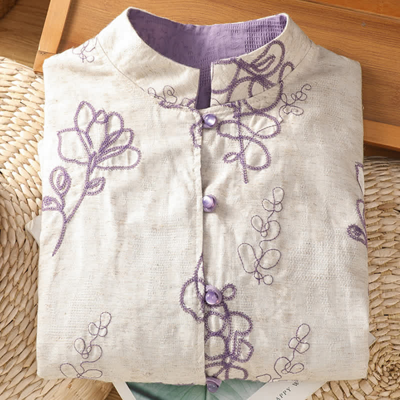 Buddha Stones Fall Vintage Tang Style Reversible Design Embroidery Frog Button Floral Women's Long Sleeve Shirts With Pockets - image 3