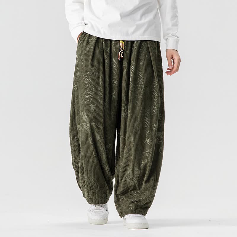 Buddha Stones Fall Winter Vintage Casual Drawstring Dragon Long Pants Corduroy Men's Harem Pants With Pockets - DarkOliveGreen - US/UK/AU46，EU56 (5XL) - image 0