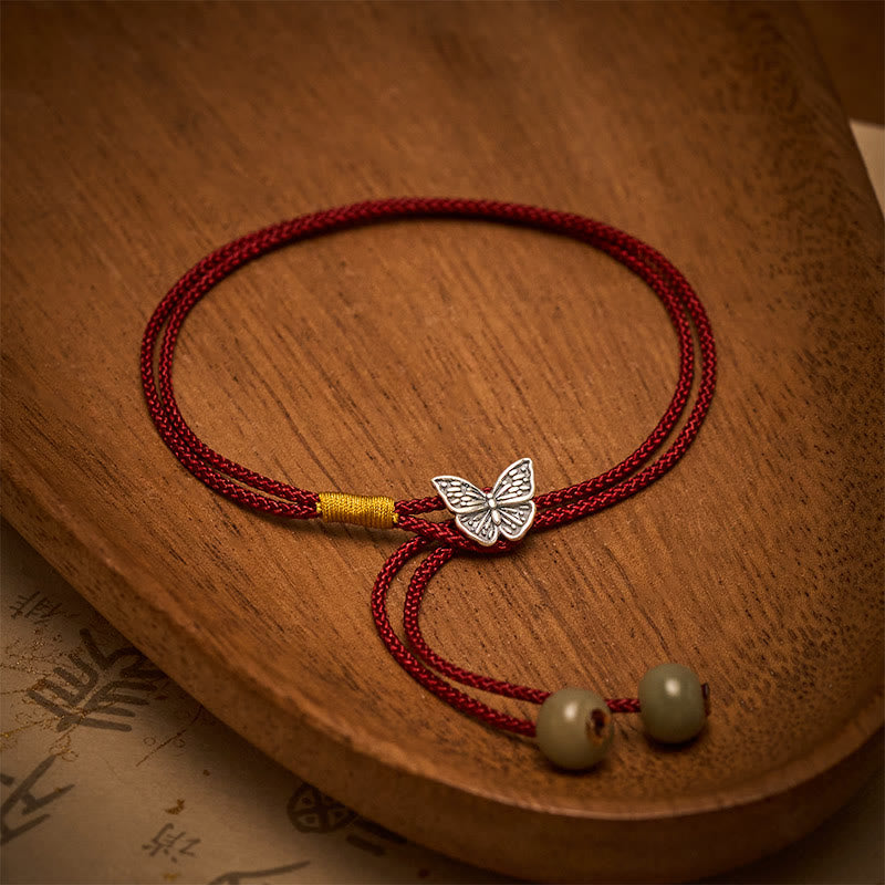 Buddha Stones 925 Sterling Silver Butterfly Protection Vintage Braided Red String Bracelet - image 1