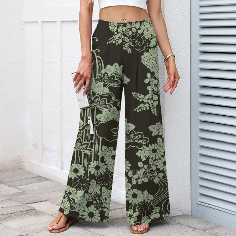 Buddha Stones Cotton Linen Vintage Bloom Pattern Women's Elastic Waist Wide Leg Pants With Pockets - image 1