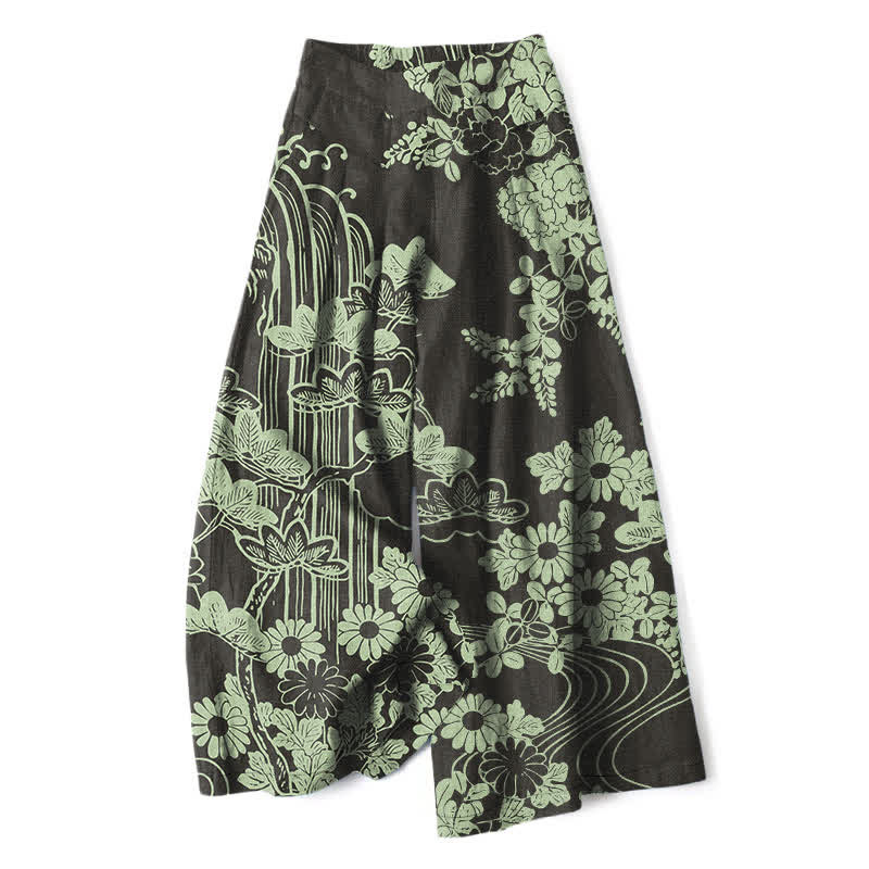 Buddha Stones Cotton Linen Vintage Bloom Pattern Women's Elastic Waist Wide Leg Pants With Pockets - Black - US16，UK/AU20，EU48 (3XL) - image 0