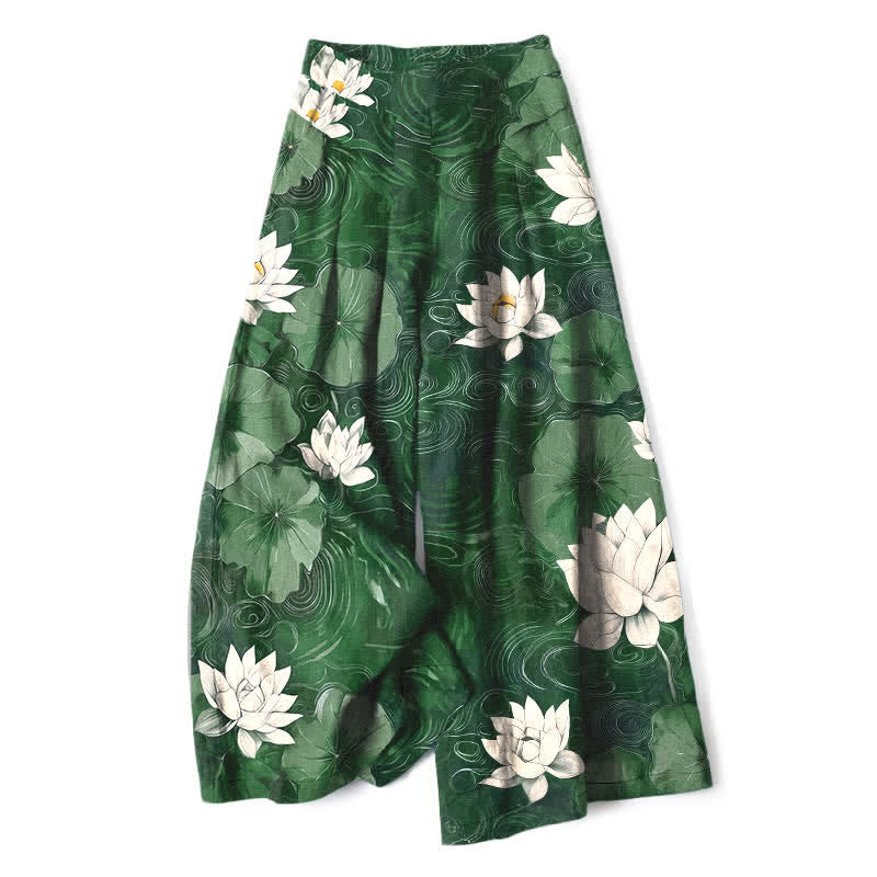 Buddha Stones Cotton Linen Lotus Leaf Floral Pattern Women's Elastic Waist Wide Leg Pants With Pockets - SeaGreen - US16，UK/AU20，EU48 (3XL) - image 0