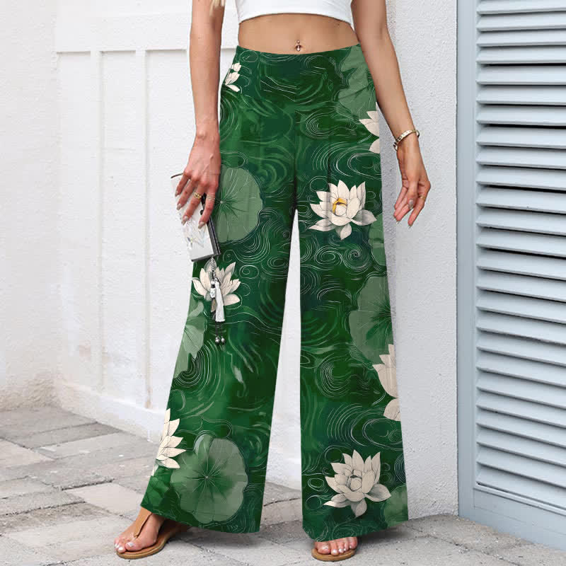 Buddha Stones Cotton Linen Lotus Leaf Floral Pattern Women's Elastic Waist Wide Leg Pants With Pockets - image 1