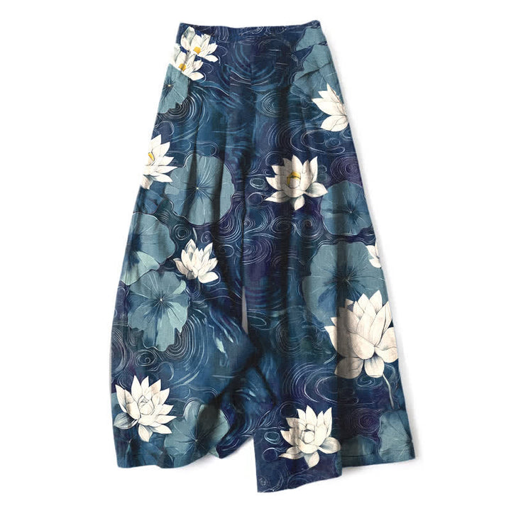Buddha Stones Cotton Linen Lotus Leaf Floral Pattern Women's Elastic Waist Wide Leg Pants With Pockets - Navy - US16，UK/AU20，EU48 (3XL) - image 4