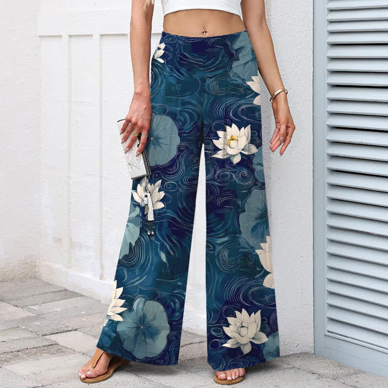 Buddha Stones Cotton Linen Lotus Leaf Floral Pattern Women's Elastic Waist Wide Leg Pants With Pockets - image 5