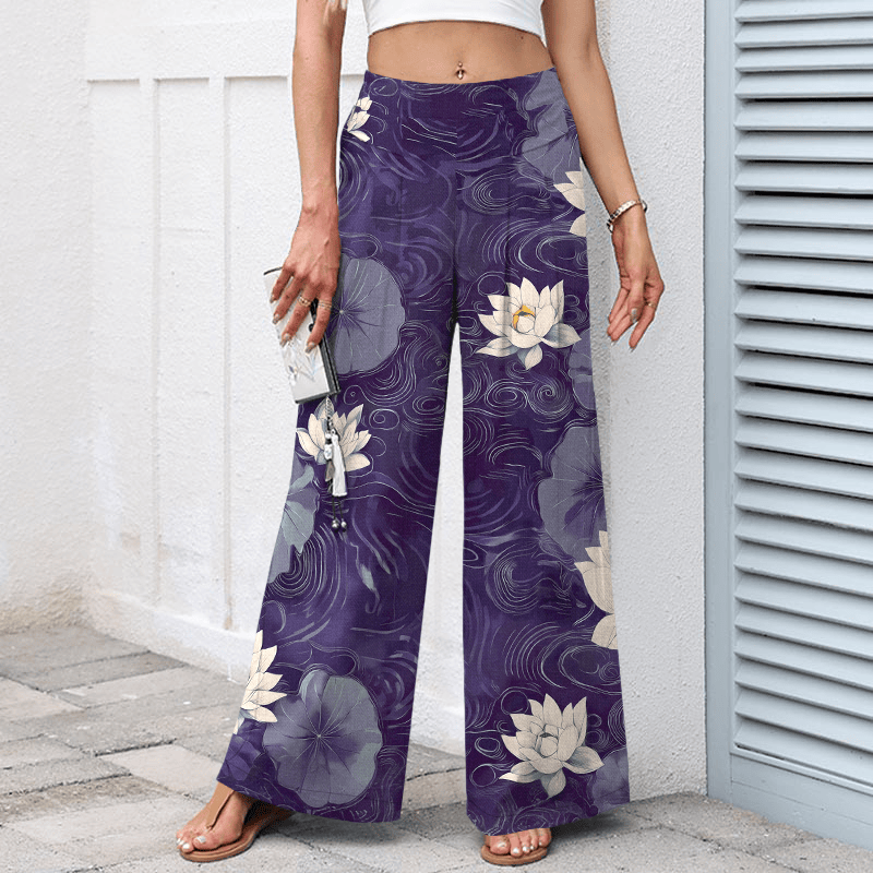 Buddha Stones Cotton Linen Lotus Leaf Floral Pattern Women's Elastic Waist Wide Leg Pants With Pockets - image 7