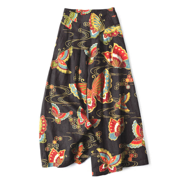 Buddha Stones Cotton Linen Colorful Butterfly Pattern Women's Elastic Waist Wide Leg Pants With Pockets - Black - US16，UK/AU20，EU48 (3XL) - image 0
