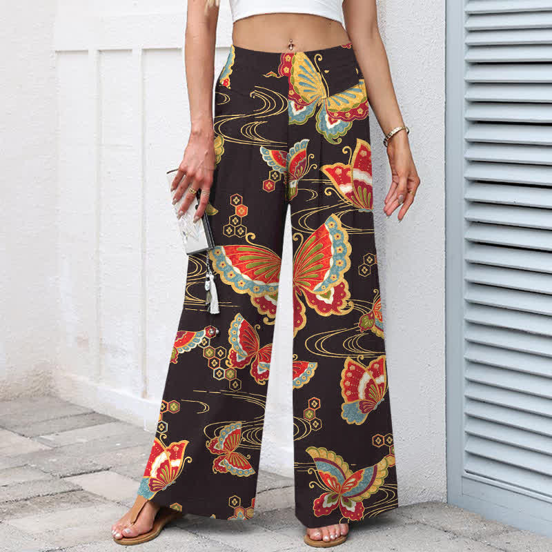 Buddha Stones Cotton Linen Colorful Butterfly Pattern Women's Elastic Waist Wide Leg Pants With Pockets - image 1