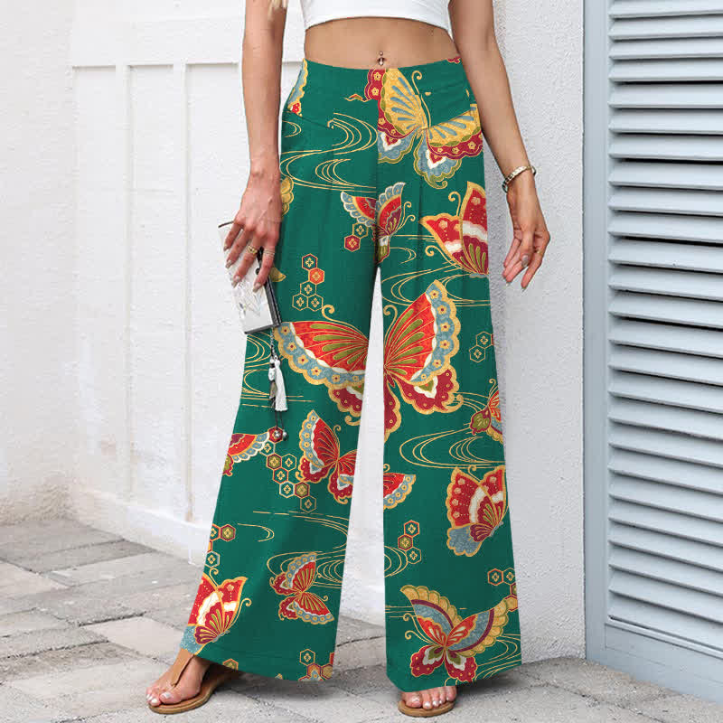 Buddha Stones Cotton Linen Colorful Butterfly Pattern Women's Elastic Waist Wide Leg Pants With Pockets - image 5