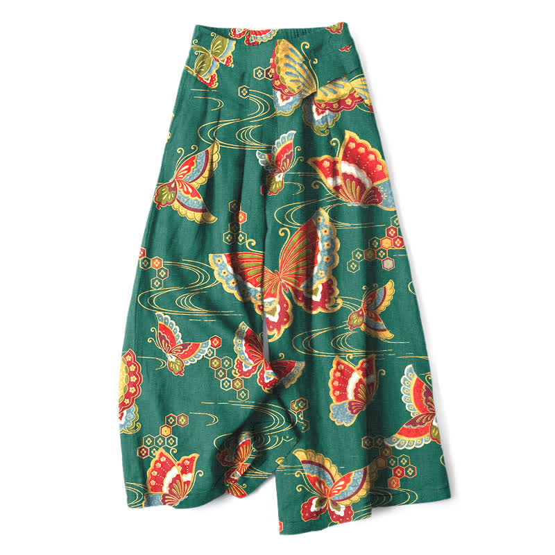 Buddha Stones Cotton Linen Colorful Butterfly Pattern Women's Elastic Waist Wide Leg Pants With Pockets - Teal - US16，UK/AU20，EU48 (3XL) - image 4