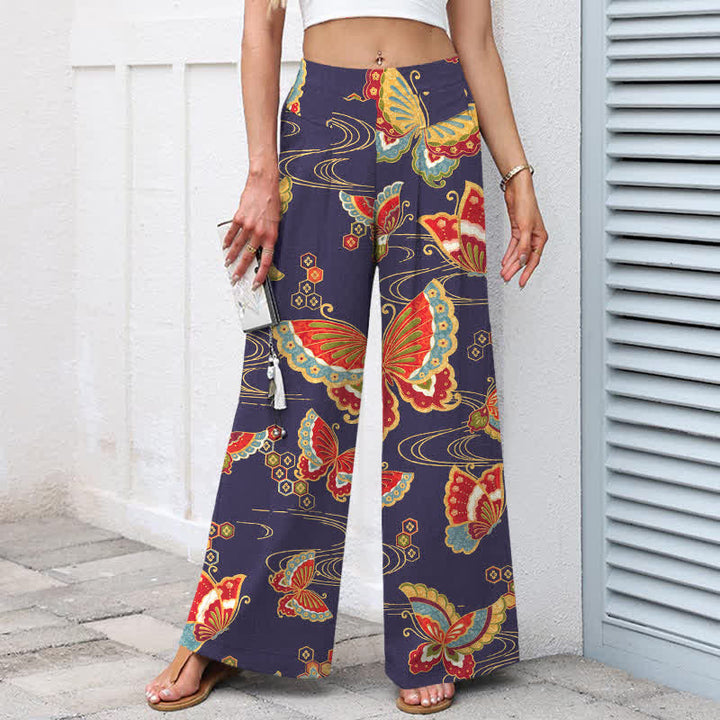Buddha Stones Cotton Linen Colorful Butterfly Pattern Women's Elastic Waist Wide Leg Pants With Pockets - image 7