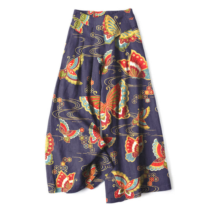 Buddha Stones Cotton Linen Colorful Butterfly Pattern Women's Elastic Waist Wide Leg Pants With Pockets - Indigo - US16，UK/AU20，EU48 (3XL) - image 6
